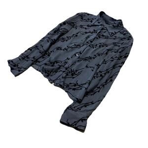 Vintage Express Sheer Silk Blouse 9/10 Sheer Gray Button Up Black Applique Top